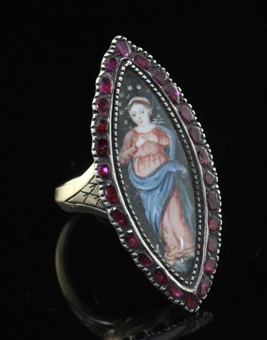 A 19th century gold and silver gem set navette shaped ring with painted panel of a lady, size O.